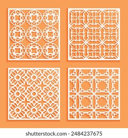 Templates for laser cutting, plotter cutting, printing. Square line patterns set. Geometric design cut out of paper. Mandala Islamic die cut ornament. Fretwork panels, cutout silhouette stencils