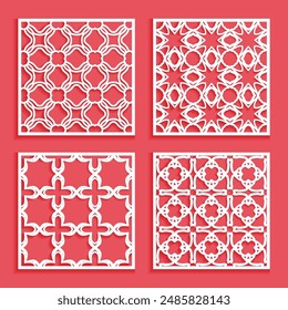 Templates for laser cutting, plotter cutting, printing. Square line patterns set. Geometric design cut out of paper. Mandala Islamic die cut ornament. Fretwork panels, cutout silhouette stencils