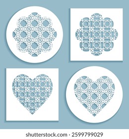 Templates for laser cutting, plotter cutting, printing. Heart and flower shape line pattern. Geometric design cut out of paper. Mandala die cut ornament. Fretwork panels, cutout silhouette stencils
