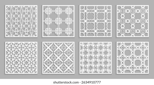 Templates for laser cutting, plotter cutting, printing. Square line patterns set. Geometric design cut out of paper. Mandala Islamic die cut ornament. Fretwork panels, cutout silhouette stencils