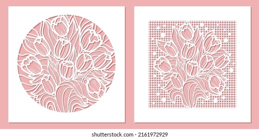 Templates for laser cutting. Two layouts of envelopes with tulip flowers. For the design of wedding cards, invitations, menus, interior details. For cutting any material. Vector