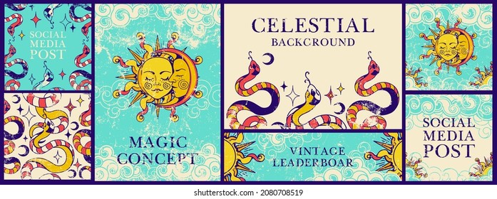 Templates, leaderboard, frames for quotes or promotion, banners, social media posts. Vintage esoteric mystical theme