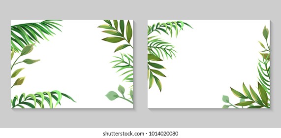 Templates with leaves of palm trees and other branches. Two templates for postcards, wedding invitations, banners, etc.