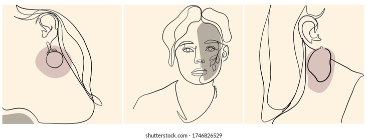 Templates linear glamour woman in minimal style with earrings. Abstract composition for social media stories. Promotion design for jewelry. Linear female beauty simple face. Continuous line. 