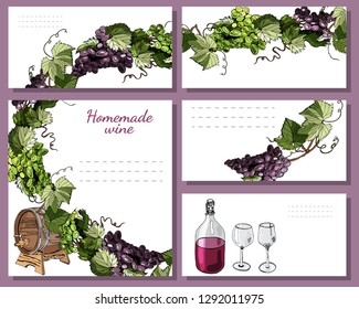 Templates for menu, invitation or labels with wine product elements and twigs of grape. Hand drawn sketch. Vector illustration.