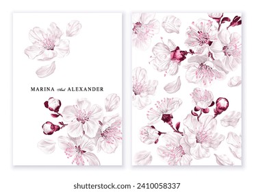 Templates of minimalist cards, wedding invitations, flyers with spring floral design. White and pink sakura flowers on light background. Realistic, hand drawn vector flowers, high detailing