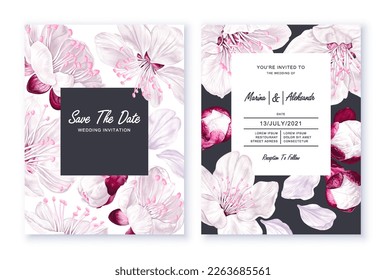 Templates minimalistic cards, wedding invitations, flyers, packaging design with floral spring design. White pink sakura blossoms on dark background. Realistic, hand-drawn vector flowers, high details