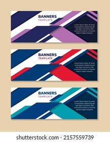 Templates of multicolored blue vector horizontal web banners with diagonal elements and a place for a text. Minimalist design. the abstract modern design combined with purple and red colors. 