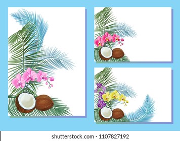 Templates for Nariyal Purnima, vertical, horizontal cards: coconuts, palm leaves, purple Dendrobium, yellow, pink Phalaenopsis orchid flowers. Tropical plants, white background, vector, A4