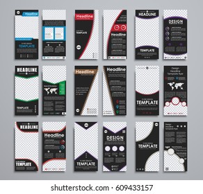 Templates, narrow black flyers. Design with elements of different colors and shapes and a place for photos. A great vector set.