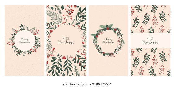 Plantillas de publicaciones de Vertical de Año Nuevo para redes sociales. Navidades y temas. Plantillas con plantas invernales, bayas y ramas. Vector