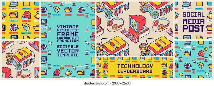 Templates with nostalgia computer and user interface with copy space. Web leaderboard, banners, covers with frame for text or slogan, backgrounds, seamless patterns. Retro desktop pc elements.