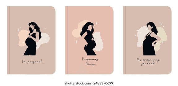 Templates for notebook covers with silhouettes of pregnant girls. Suitable for diary, books, magazines, planners and flyers. Vector