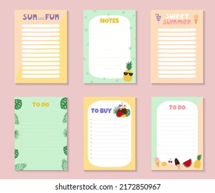 Templates for notes, to do and buy list with cute summer objects and lettering. Colorful ice cream, fruit, berries and tropical leaves. Vector illustration