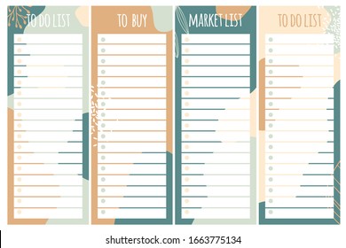 Templates for notes, to do and buy lists. Organizer, planner, schedule for your design. Abstract vector background in trendy modern hand-drawn style. Pastel Palette.