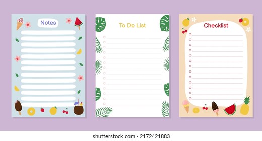 Templates for notes, to do list and checklist with cute summer objects. Colorful ice cream, fruit, berries and tropical leaves. Vector illustration