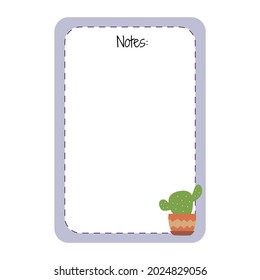 Templates for notes a lilac-colored with potted cactus. Vector design element of page for a notebook or memopad. Checklist with a cactus. Floral sheet with notes