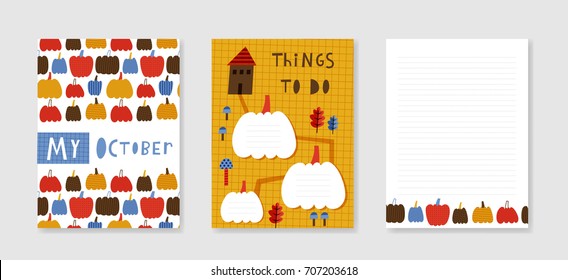 Templates for October planner: doodle vector illustration with autumn theme design. For autumn greeting cards, prints, scrapbook. Print in red, yellow, brown and blue colors.