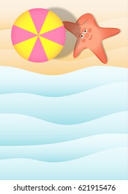 Templates on the summer theme for creating posters, leaflets, booklets. Top view of a beach with a sunbathing starfish.