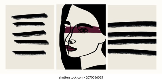 Plantillas Con Una Cara De Una Línea Retrato Mujer Con Formas Coloridas. Arte Abstracto Contemporáneo De Estilo Moderno. Cara de cubismo. Diseño Vector Para Arte Imprimible, Decoración Escandinava En Casa, Arte Boho. 