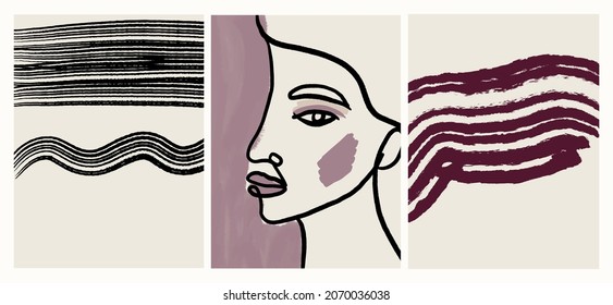 Plantillas Con Una Cara De Una Línea Retrato Mujer Con Formas Coloridas. Arte Abstracto Contemporáneo De Estilo Moderno. Cara de cubismo. Diseño Vector Para Arte Imprimible, Decoración Escandinava En Casa, Arte Boho. 