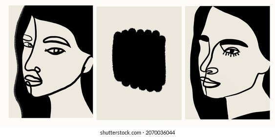 Templates With One Line Face Portrait Woman With Colorful Shapes. Contemporary Abstract Art In Trendy Style. Cubism face. Vector Design For Printable Art, Scandinavian Home Decor, Boho Art. 