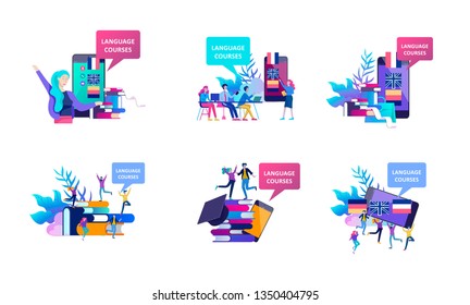 templates for Online language courses, distance education, training. Language Learning Interface and Teaching Concept. Education Concept, training young people. Internet students
