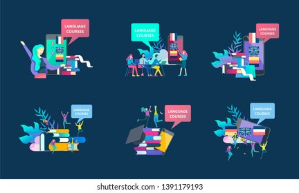 templates for Online language courses, distance education, training. Language Learning Interface and Teaching Concept. Education Concept, training young people. Internet students