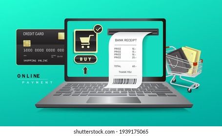 Templates for online payments and shopping on computer websites with visual elements are credit cards laptop computers, shopping carts shopping bags and payment receipt paper,vector 3d isolated