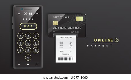 Templates For Online Payments And Shopping On Smartphone Application With Visual Elements Are Mobile,creditcard And Payment Receipt,shopping Online Concept Design,The Receipt  Came Out Insert Slot