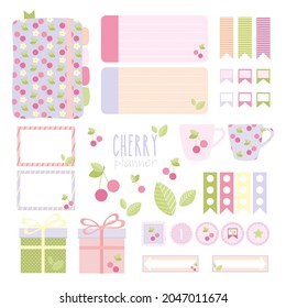 Templates for pages in the planner. Universal abstract layouts. Cherries with leaves, mug, gifts in pastel colors. Suitable for notebooks, planners, brochures, books, catalogs. Vector easilyresizable.