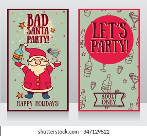 templates for party banner, cartoon santa with tequila and margarita in his hands, vector illustration