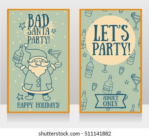 templates for party banner, cartoon santa with tequila and margarita in his hands, vector illustration