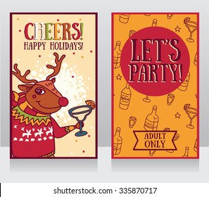 templates for party invitation, christmas deer drinking cocktail, vector illustration for christmas