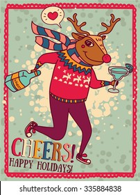 templates for party poster, christmas deer drinking alcohol, vector illustration