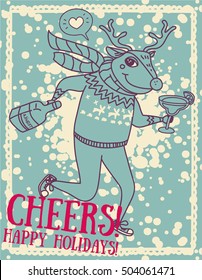 templates for party poster, christmas deer drinking alcohol, vector illustration