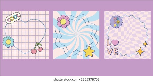  Templates with patches and stickers in 90s style.Modern emblems in y2k aesthetic with chess and spiral backgrounds.Funky designs for banners,social media marketing,branding. Vector illustration