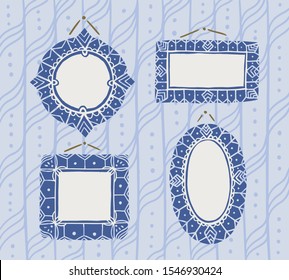 Templates photo frame hanging in interior on wall. Empty picture album layout. Design silhouette photo frames blue color in cartoon style for poster or banner. Vector isolated