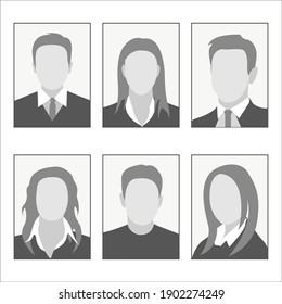 Templates of photos of men and women. Photos on the badge cards and documents. Flat design. Isolated on a white background. Vector illustration.