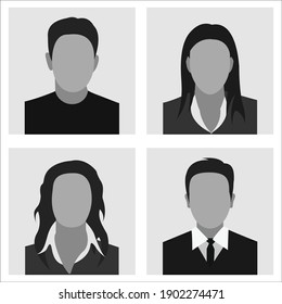 Templates of photos of men and women. Photos on the badge cards and documents. Flat design. Isolated on a white background. Vector illustration.