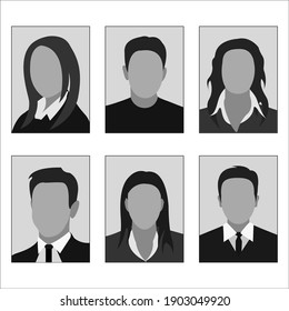 Templates of photos of men and women. Photos on the badge cards and documents. Flat design. Isolated on a white background. Vector illustration.