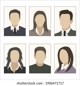 Templates of photos of men and women. Photos on the badge cards and documents. Flat design. Isolated on a white background. Vector illustration.