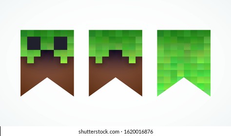 Templates pixel label, badge. Layouts of hanging pixel banners. Minecraft concept. Vector illustration. EPS 10