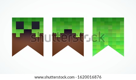 Templates pixel label, badge. Layouts of hanging pixel banners. Minecraft concept. Vector illustration. EPS 10