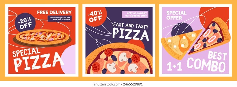 Templates of pizzeria gift vouchers set. Design of traditional Italian food restaurant discount coupon with pepperoni slices, pieces. Special offers of pizza on sale flyers. Flat vector illustrations