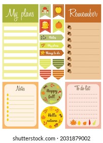 Templates for planners, to do lists, stickers in autumn style. Note paper and stickers set with autumn elements. My plans, don't forget, notes templates for agenda, schedule, planners, checklists.