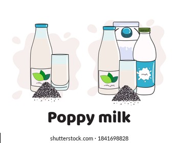 Templates with poppy seed milk in glass, bottles and box. Vegan milk icons. Milk alternatives. Hand drawn vector illustration.