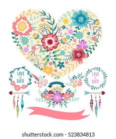 Templates for postcards: heart, wreaths, boom. Vector illustration.