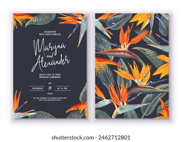 Templates postcards with place for text. Tropical flowers and leaves of Strelitzia Reginae. Realistic style, hand drawn, vector, invitation, wedding decorations, wallpaper for posts in social netwoks
