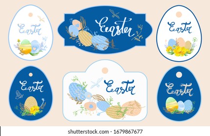 templates for postcards with set of cards with eggs and flowers with Golden twigs on a white and blue background. Happy Easter template with egg. Suitable for spring and Easter cards and invitations